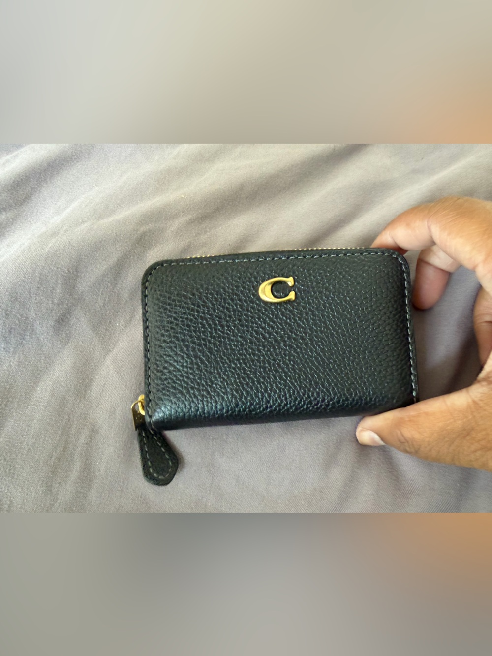 COACH- Black Leather Zip Card Wallet with Gold Accent